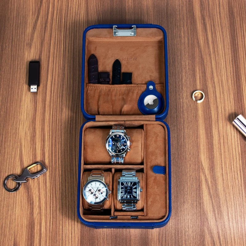 KAMIER Watch Case with Combination Lock - 4 Watch Storage and Jewelry Organizer - Watch Travel Case for Ring and Watch Storage, PU Leather Travel Watch Case, Ideal for Gift (With Gift Box),Blue - Image 3